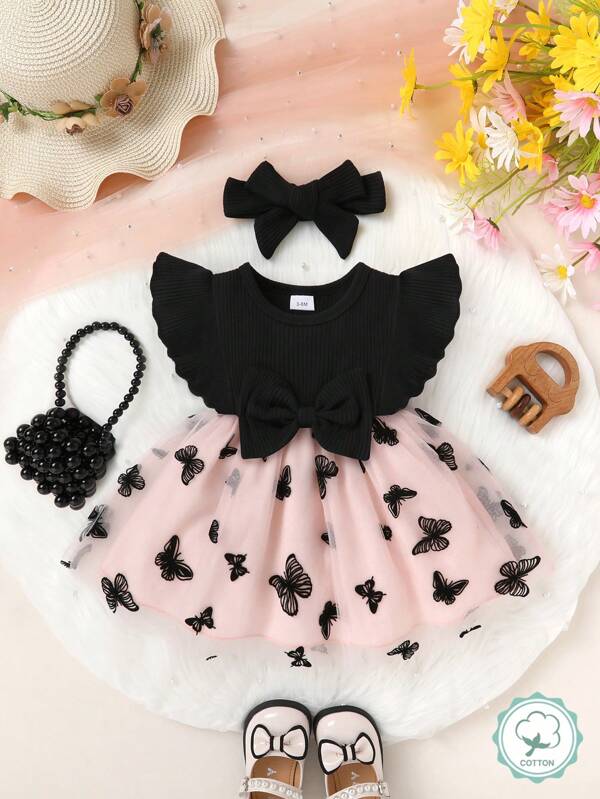 2pcs/Set Baby Girl Soft & Comfy Bow Decor Ruffle Hem Floral Embroidered Mesh Princess Dress With Headband Set