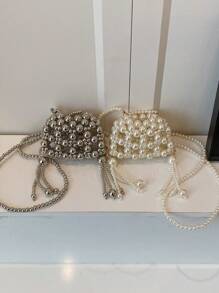 Cute Mini Purse Women Fashionable Beaded Silver Color Crossbody Coin Lipstick Bag