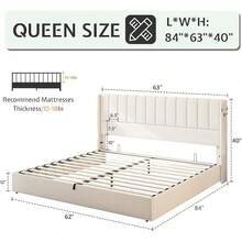 Queen/King Size Lift Up Storage Bed Frame, Linen Upholstered Platform Bed With Vertical Channel Tufted Wingback Headboard, Hydraulic System Design And Wood Slats Support, No Box Spring Needed, Elegant Bedroom Furniture, White - White - View 3