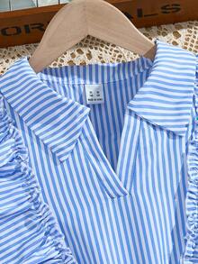 女童条纹衬衫，荷叶边下摆，无袖连衣裙，配腰带 - 藍色 - 查看 4