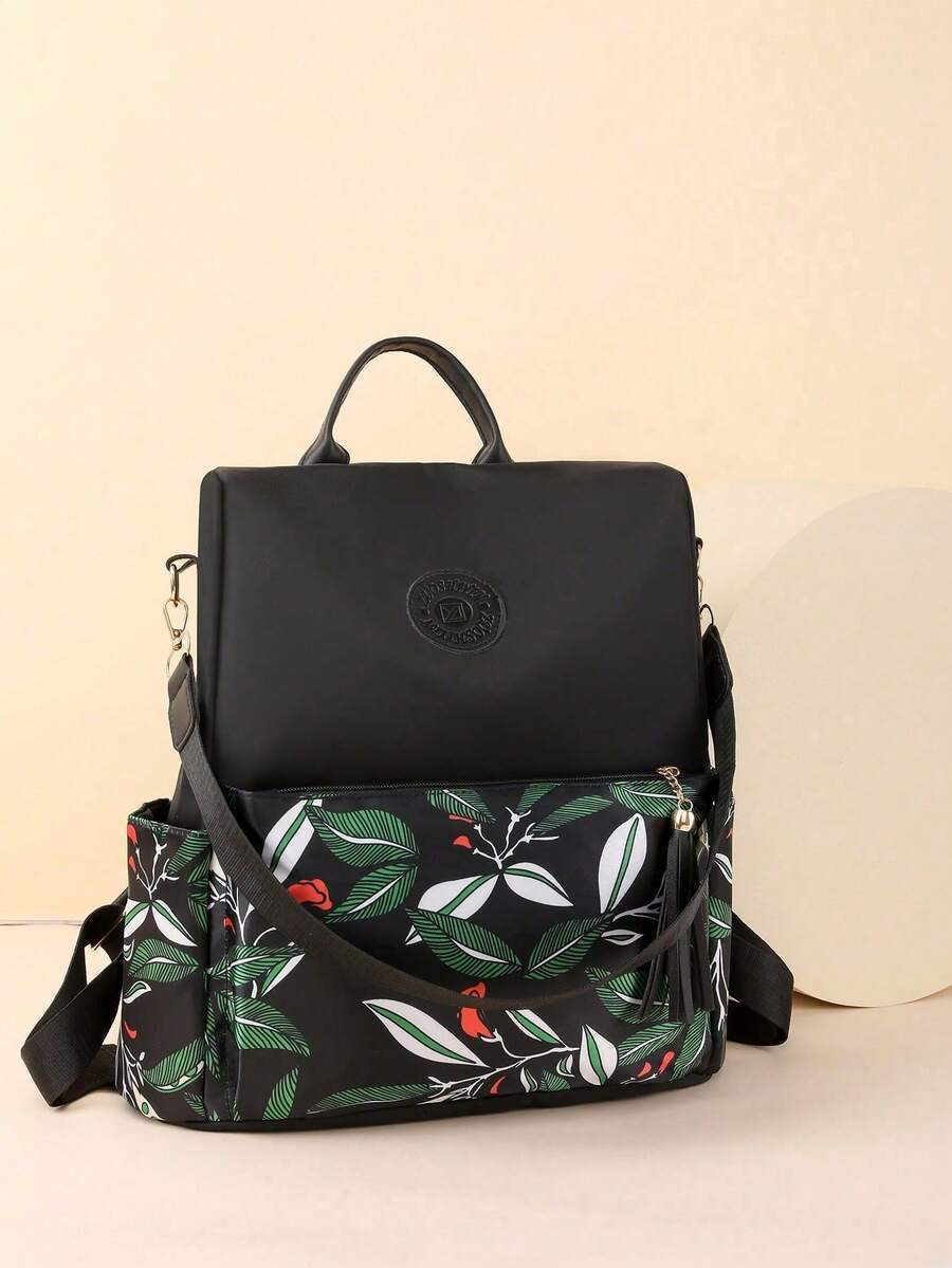 1 Pack Ladies Leaf Pattern Nylon Zipper Closure Fashion Backpack For Everyday Use, Ideal For Back To School And Travel - Green - View 1