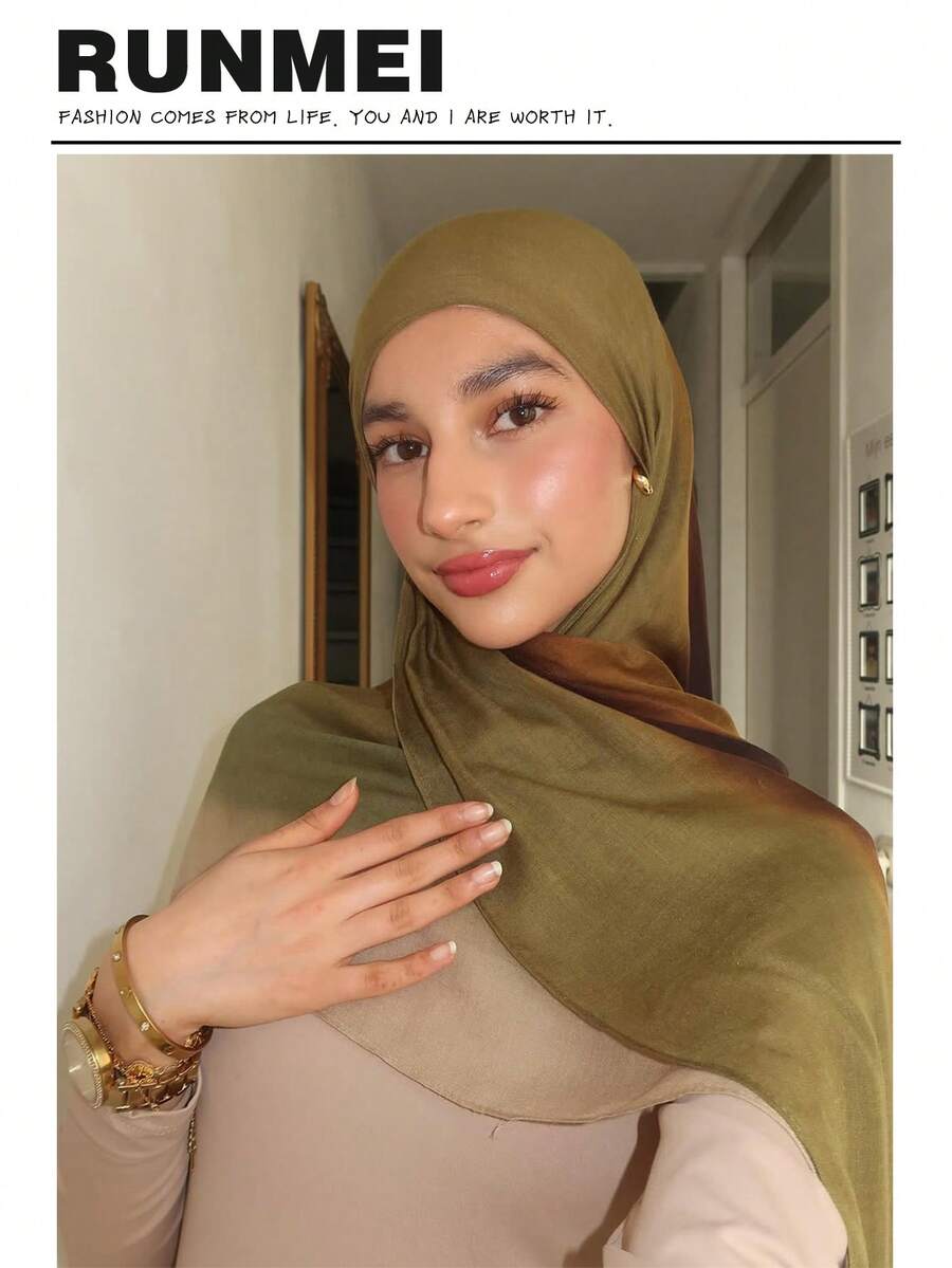 1Pc New Design Printed Hijabs Premium Ombre Marble Water Print Legant Women Headscarf Hijab, Soft Material Multifunctional Sunscreen/Windproof Headscarf Shawl, Suitable For Daily Life/Holiday Parties/Banquet Occasions Abaya Accessories Women Veil - Green Brown - View 1