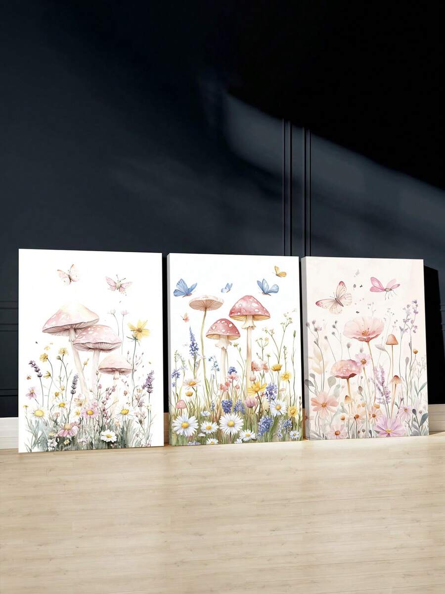 3 件魔法蘑菇墙饰、蝴蝶天堂帆布印刷墙饰、异想天开的自然海报、柔和色调的现代艺术品、多风花园房间美学、花田墙饰、艺术印刷品、墙饰、海报、理想礼物、可选装框 - 3件/套 - 查看 1