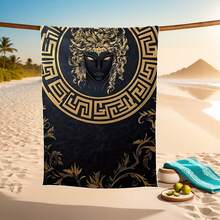 1pc Medusa Printed Beach Towel - Absorbent & Soft, Super Fiber, Compact , Black & Gold Medusa Pattern, Coastal Modern Design, Suitable For Hiking, Camping, Beach, Summer Outdoor AdventureTravel Essentials Travel Accessories Beach Essentials - Black - View 2