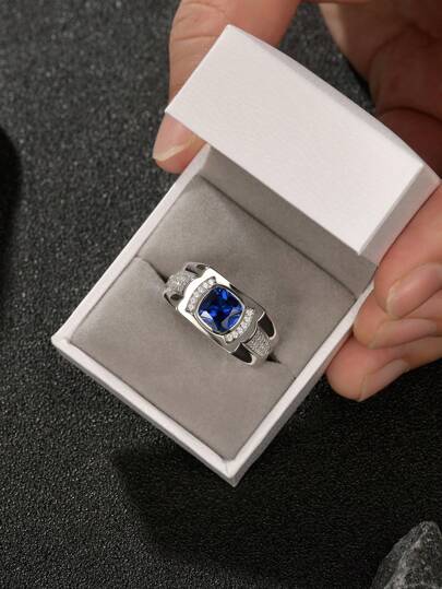 AIHUASI خاتم زفاف فاخر من الفضة الإسترلينية عيار 925 خالٍ من المواد المسببة للحساسية، للرجال، قطعة واحدة، زمرد أزرق لامع مربع القطع 2 قيراط 8 * 8مم، خاتم خطوبة إبدي انيق للحفلات الراقية