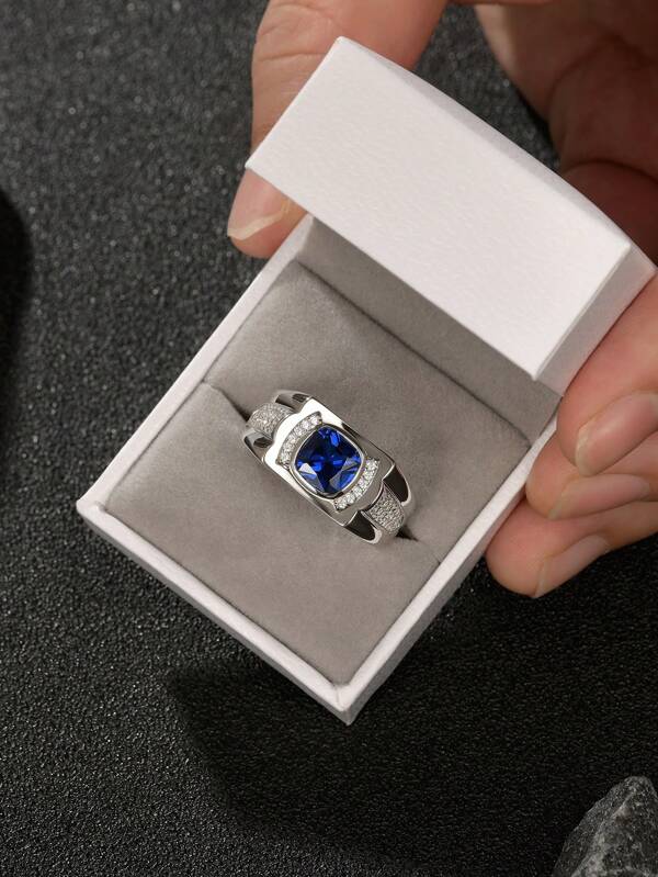 AIHUASI 1 Peça Anel de Casamento de Luxo Certificado de Prata Esterlina 925 Hipo-alergênico para Homens, Solitário 8*8mm 2,0 Quilates Corte Almofada Azul Cintilante Espinela Sintética Vintage Partido Anel de Noivado de Eternidade, Presente de Joalheria Fina