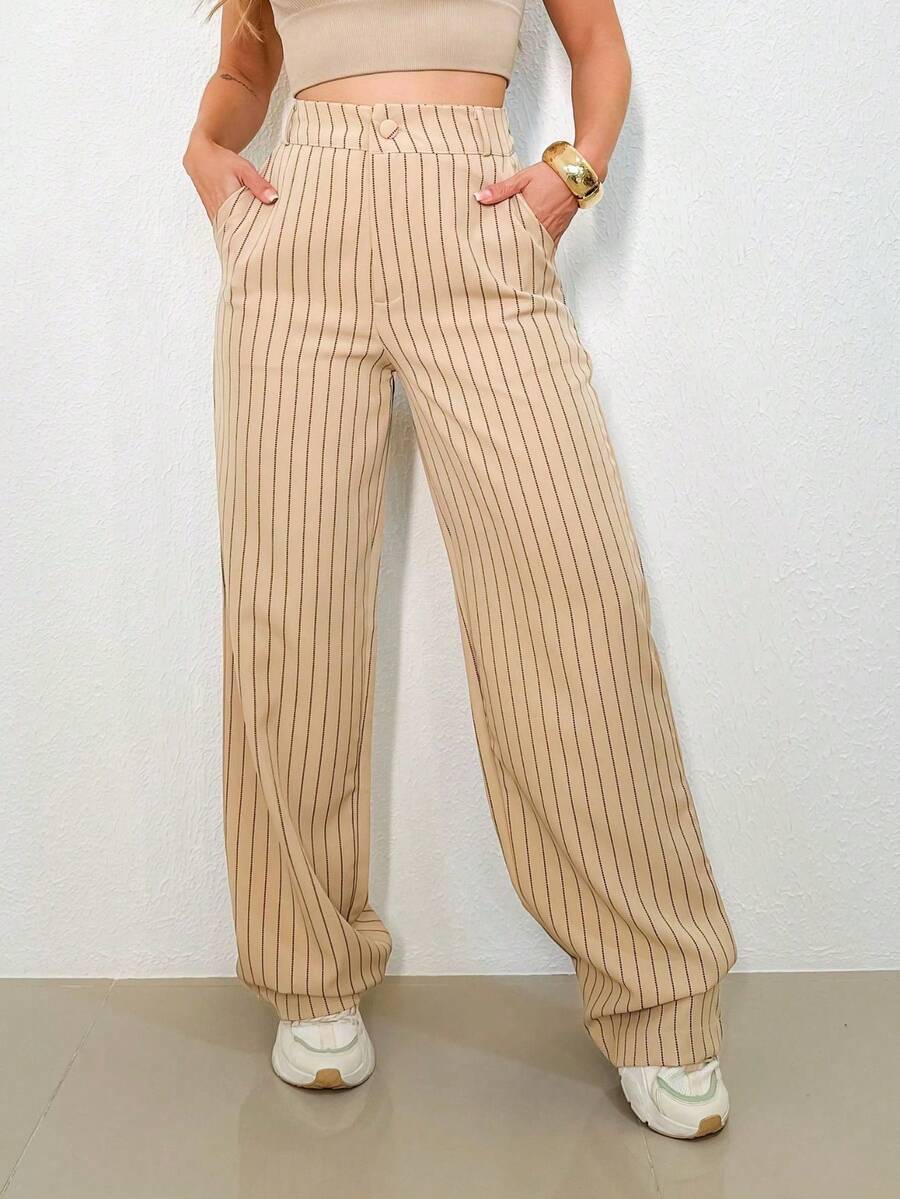 Women's Striped High Waist Wide Leg Trousers, Lightweight, Casual, Formal, Stylish And Elegant - 米色 - 查看 1