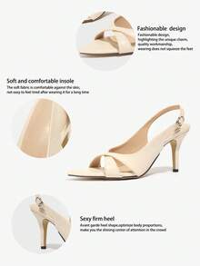 Women Fashion High Heel Sandals, Pointed Toe Glittering Cross Strap Embellished Elegant Mule Shoes, Suitable For Party, Summer, Outdoor Events - Apricot - View 4