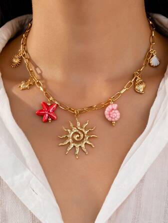 1 件手工制作的夏日海滩元素海星贝壳旭日吊坠项链，女士阳光阳光吊坠项链珠宝，波西米亚风格珠宝配饰（颜色和形状略有不同）