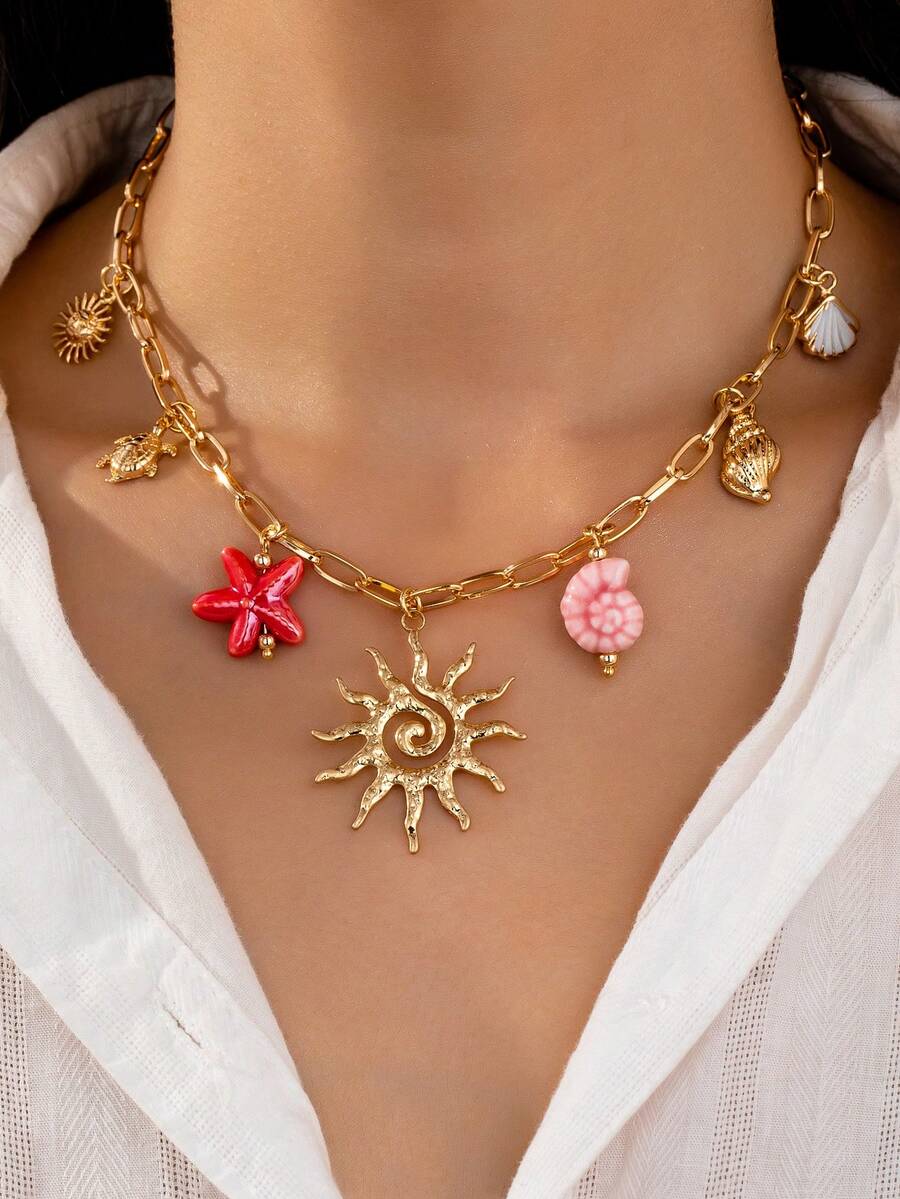 1 件手工制作的夏日海滩元素海星贝壳旭日吊坠项链，女士阳光阳光吊坠项链珠宝，波西米亚风格珠宝配饰（颜色和形状略有不同）