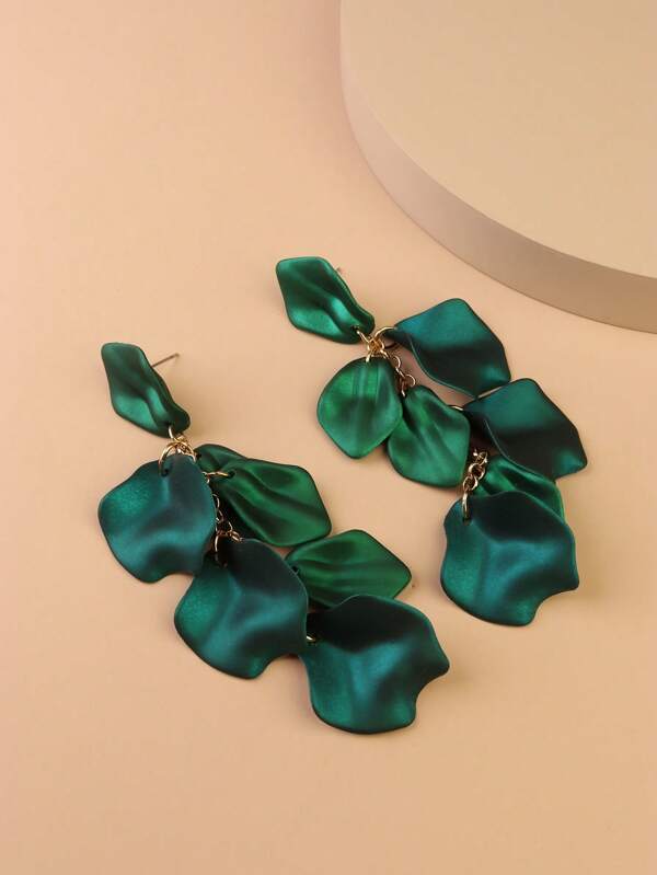1pair Vintage Dark Green Petal Shaped Acrylic Fringe Long Earrings For Women, Party Favor