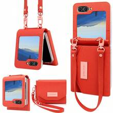 挂绳钱包皮革手机壳适用于三星 Galaxy Z Flip 3 4 5 6 7 5g 卡槽支架手机保护套带绑带 - 橘色 - 查看 2
