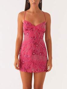 Womens Sequin Mini Dress Y2k Sparkly Floral Spaghetti Strap V Neck Bodycon Short Dress Sexy Backless Pearl Embellished Glitter Rhinestone Going Out Cami Dress Cocktail Party Club Streetwear - 玫紅色 - 查看 3
