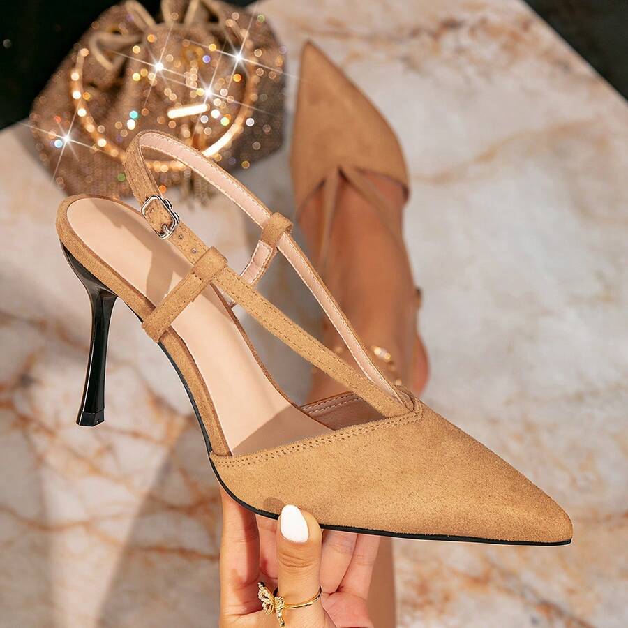 Women's Khaki Furry High Heel Sandals |   Stiletto Heel Fashion Buckle Pointed Toe Slip-On High Heel Sandals - Khaki - View 1