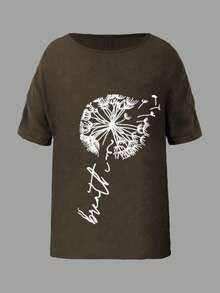 休闲度假风梭织纹理圆领蒲公英印花宽松短袖女式衬衫，春夏款