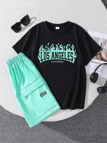 Boys Letter Print Short Sleeve T-Shirt And Woven Letter Patch Shorts Set