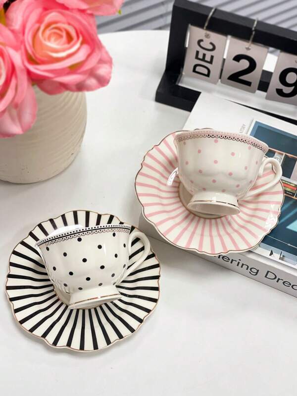 Ins-Stil Kaffeebecherset mit goldenem Rand und Punkten, aus Keramik, minimalistischer nordischer Stil Keramiktasse und Untertasse, Haushaltswasserbecher, Nachmittags-Tee-Kaffeetasse, Urlaubsgeschenk, Geburtstagsgruß, Party-Zubehör, Geschenk für Freund/Freundin