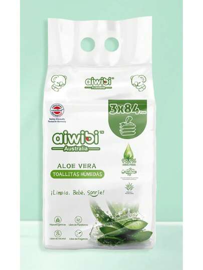 Paquete de 3 toallitas húmedas premium de aloe vera con 84 toallitas cada paquete, con la más alta tecnología. Ingredientes naturales: Enriquecida con extractos naturales de aloe vera.Hidratación profunda: Proporciona hidratación duradera para la piel. Propiedades antioxidantes: Ayuda a proteger la piel contra el daño causado por los radicales libres.  Suavidad y delicadeza: Suave y delicada con la piel, ideal para uso diario.Limpieza efectiva: Limpia la piel y elimina la suciedad y los gérmenes.son ultra húmedas, 100 por ciento hipoalergénicas con un aroma fresco y tropical con todos los sellos mundiales de certificaciones,  para el mayor cuidado de tu piel y de tu bebé utilizadas, para desmaquillarse la cara refrescarte limpieza y muchos más usos muy resistente.