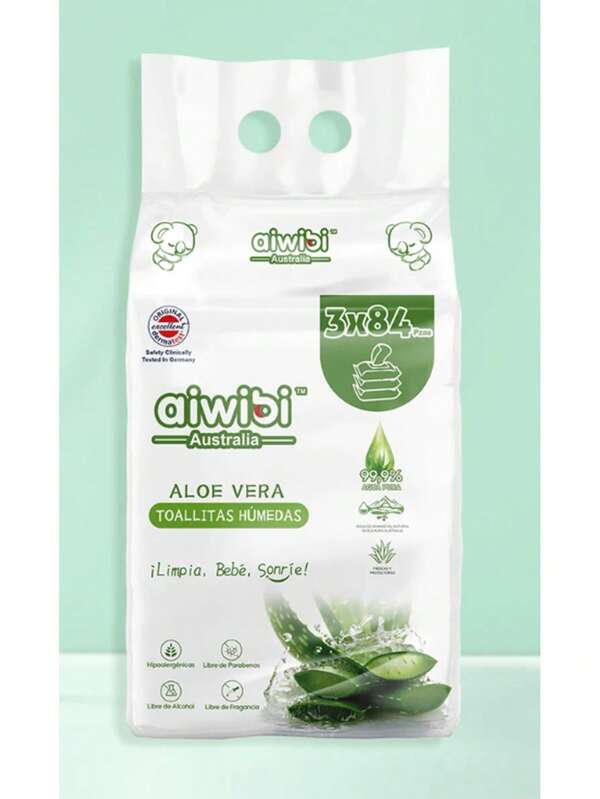 Paquete de 3 toallitas húmedas premium de aloe vera con 84 toallitas cada paquete, con la más alta tecnología. Ingredientes naturales: Enriquecida con extractos naturales de aloe vera.Hidratación profunda: Proporciona hidratación duradera para la piel. Propiedades antioxidantes: Ayuda a proteger la piel contra el daño causado por los radicales libres.  Suavidad y delicadeza: Suave y delicada con la piel, ideal para uso diario.Limpieza efectiva: Limpia la piel y elimina la suciedad y los gérmenes.son ultra húmedas, 100 por ciento hipoalergénicas con un aroma fresco y tropical con todos los sellos mundiales de certificaciones,  para el mayor cuidado de tu piel y de tu bebé utilizadas, para desmaquillarse la cara refrescarte limpieza y muchos más usos muy resistente.