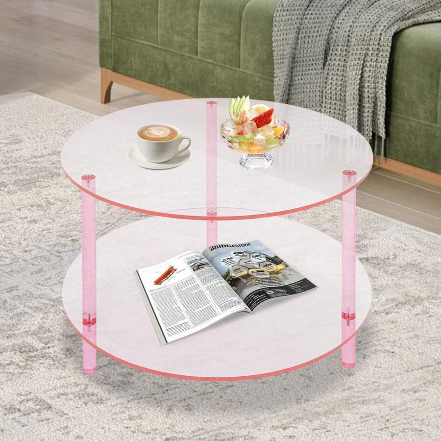 HOHOBLA Modern Acrylic Side Table - 2-Tier Round Coffee Table For Living Room, Bedroom & Office, Pink End Table With Freestanding Design - 粉色 - 查看 1