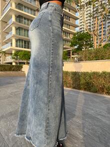 Manon Tanti 女式口袋流苏下摆长款直筒休闲牛仔半身裙 - 中等水洗藍 - 查看 8