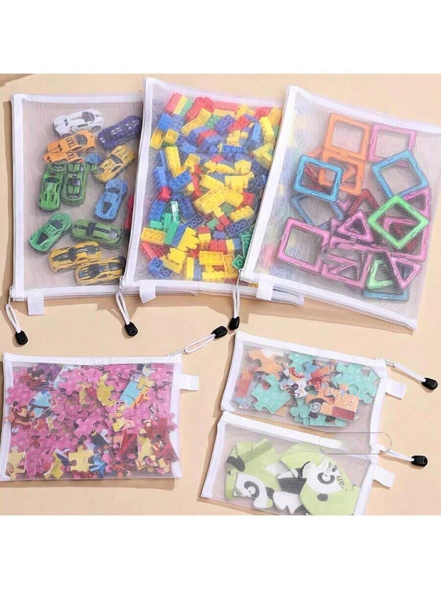 5pcs Baby Nursery Storage Bags, Children's Puzzle Toy Storage Pouch, Breathable Travel Baby Clothes Organizer Bag, Kids Stationery Pencil Case - White - View 1