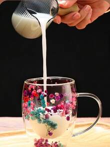 1pc Internet Celebrity Petal Quicksand Cup Highly Attractive Coffee Real Flower Double-Layer Glass Cup Creative Borosilicon Glass Cup, Valentine's Day, Thanksgiving, Christmas, Available When Receiving Guests At Home - Clear - View 9