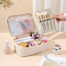 Large Capacity Removable 3-Layer Makeup Bag, Vegan Leather Travel Cosmetic Organizer With Brush Holder, Unisex Portable Toiletry Case, Alcohol-Free Makeup Storage Solution, Elegant Design Makeup Organizer Bathroom Accessories