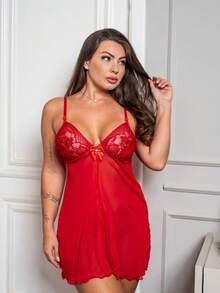 Sexy Transparent Tulle Nightgown With Panties - 酒紅色 - 查看 4