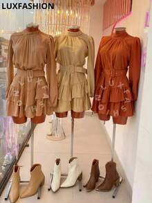Duna Boho Chic Long Sleeve Ruffle Dress With Elegant Belt - Coffee - View 5