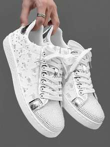 Men's Metal Toe Ring Mesh Sneakers, New 2025 Casual Comfortable Leather Studded Rivet Decorated Nightclub Stage Performance Fashion High Platform Flat Leisure Chunky Sneakers, Sturdy Screw Rivet Design, All Season Sporty Stylish Trainers, Punk Rock British Style Versatile Thick Sole Skate Shoes - White - View 2