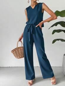 Traje casual de dos piezas para mujer de primavera y verano: top sin mangas con escote en V y muescas de color liso + pantalones anchos con cordones,conjunto dama dos piezas,conjuntos casuales para mujer - Azul - Ver 2