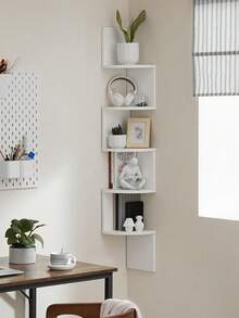 Corner Shelf, Wall Shelf, Zigzag Shaped Shelf, Bookcase, White - White - View 3