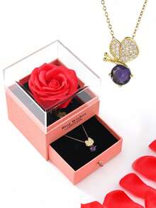 1 Set Artificial Rose Gift Box Necklace, "I Love You" In 100 Languages Necklace, Mother's Day, Valentine's Day Gift For Mom, Wife, Daughter, Grandma, Granddaughter