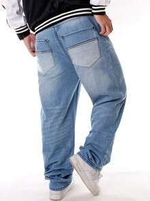 Men's Casual Jeans And Pants, Men's Solid Color Basic Loose And Oversized Street Dance Clothing, Skateboarding Hip-Hop Straight Leg Jeans, Suitable For All Seasons - 淺色水洗藍 - 查看 4