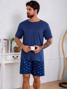 2pcs Men's Navy Blue Short Sleeve Top And Anchor Print Shorts Pajama Set - Navy Blue - View 6