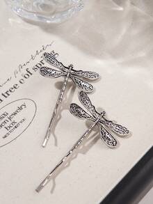 2个装女士复古银色蜻蜓发夹，个性化侧刘海夹，日常小发夹，学生用品，发卡，发饰，头部饰品，女士发饰 - 復古銀色 - 查看 2