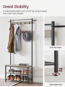 Coat Rack, Coat Stand With Shoe Storage Bench, Hall Tiree With Shoe Rack, 3-In-1 Design, Steel Frame, For Hallway, Entrance, 32 X 70 X 177 Cm, Modern, Grege And Black - Grey - View 6
