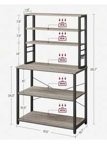 Kitchen Storage Rack, Coffee Bar, Baker's Rack, Total 6 Shelves And 6 Hooks, For Microwave, Steel Frame, Industrial, 40 X 60 X 167 Cm, Greige And Black
