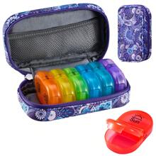 Serfeymi Organizador de pastillas para viaje de 7 días - Estuche semanal portátil AM/PM para medicamentos con diseño arcoíris, estuche con cremallera de piel sintética para vitaminas, omega 3 y medicación diaria (compacto y duradero)