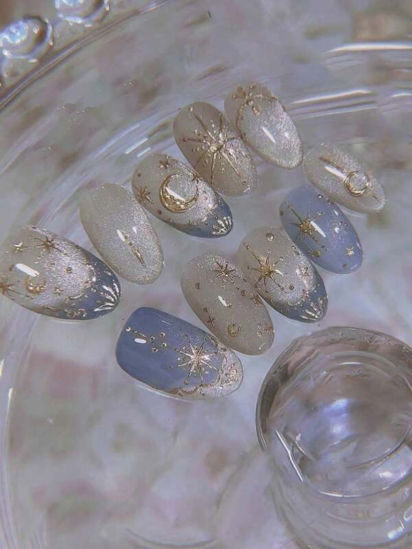 24 Pieces Of Medium Oval Fine Twinkle Star Moon French Sweet And Versatile Gentle Fake Fingernail Supplies Set Suitable For Girls To Wear Daily Work, 1 Nail File, A Jelly Glue