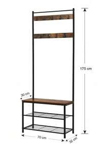 Coat Rack, Hallway Cabinet, Cloakroom, Clothes Rack, With Bench And Shoe Shelves, Hooks, Metal Frame, Height 175 Cm, Industrial Style, Rustic Brown And Black - Chocolate Brown - View 7