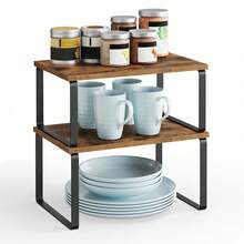 Spice Rack, Set Of 2 Cupboard Shelf Organiser, Expandable Kitchen Shelf Organiser, Stackable Spice Holder, Metal And Engineered Wood, Black And Rustic Brown - Rust Brown - View 6