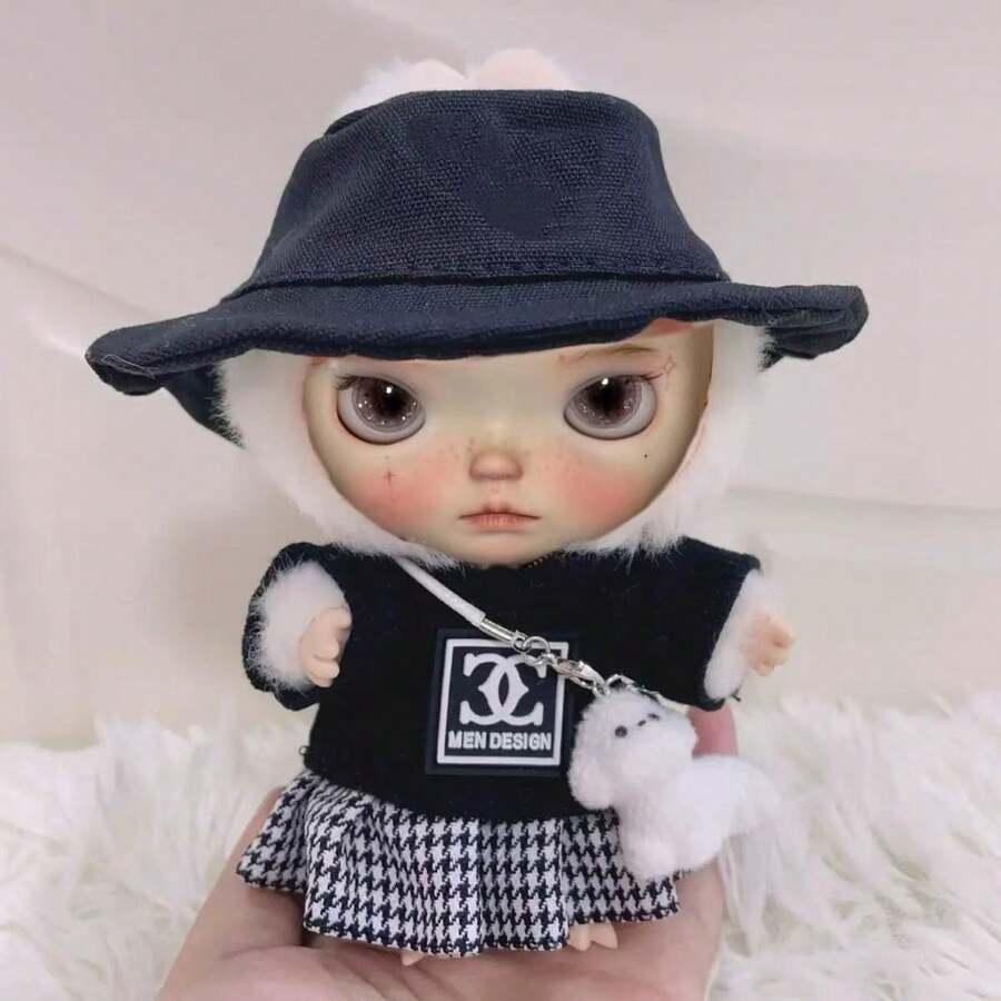 (仅娃娃衣服)适用于拉布布17cm毛绒娃娃Labobo盲盒挂件衣服，LBB马卡龙坐姿派对别致T恤和迷你裙套装 - 彩色 - 查看 1