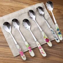 6/12pcs Floral Ceramic Handle Coffee Spoon Made Of Stainless Steel, Perfect For Mixing, Sugar, Honey, Ice Cream, And Soup, Practical For Office Afternoon Tea, Elegant Kitchen And Dining Accessories With Rose Pattern Design Back To School