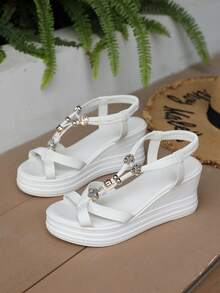 女士夏季时尚串珠露趾波西米亚风弹力带轻便坡跟休闲舒适凉鞋，适合多种场合，旅行必备 - 白色 - 查看 5