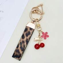 TTOBS 1pc Exquisitely Crafted Leopard Print Leather Car Key Chain With Adorable Cherry Pendant - , Fashionable And Multi-Functional Backpack Keychain - The Perfect Accessory For Backpacks. The Perfect Valentine's Day Gift, Also An Ideal Gift For Your Beloved Girlfriend.