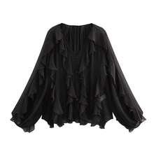 HZXVIC Women's New Autumn French Style Multi-Layer Ruffle Sheer V-Neck Drape Long Sleeve Blouse - Black - View 5