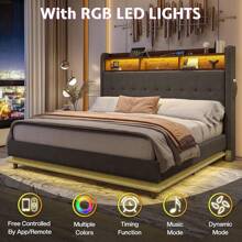 PLAUIN Estructura de cama con almacenaje y elevación hidráulica, con estantería incorporada y cabecero con diseño de terciopelo de alas, iluminación LED RGB, sin necesidad de caja de resortes