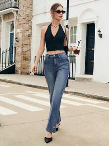 女式新款松紧腰直筒牛仔裤